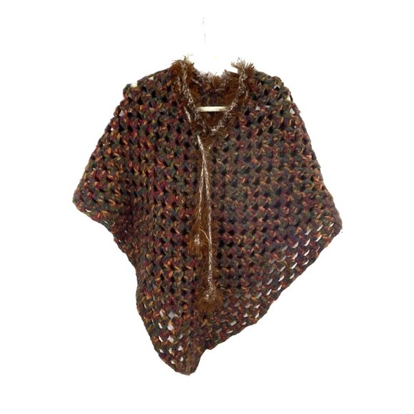 Handmade Multicolor Crochet Poncho With Faux Fur Trim - Picture 3 of 5